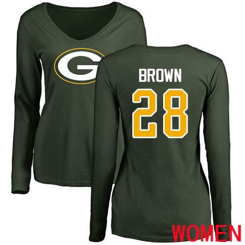 Green Bay Packers Green Women #28 Brown Tony Name And Number Logo Nike NFL Long Sleeve T Shirt->women nfl jersey->Women Jersey